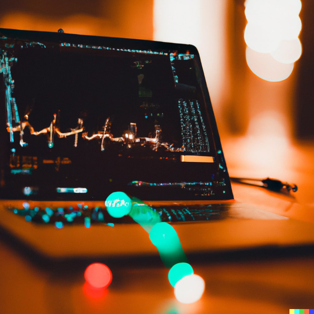 DALL·E 2022-08-11 09.42.20 - A macbook pro connected to an oscilloscope on a gigantic hardwood table with an orange and teal aesthetic and lots of bokeh-1